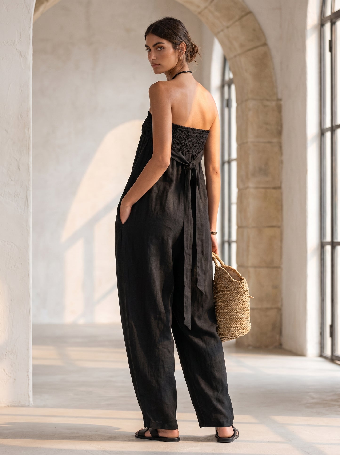 Élise – Combinaison Fluide Bandeau en Lin Mélangé
